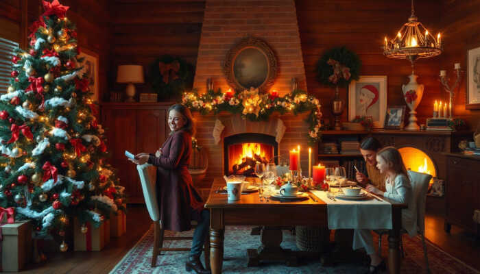A cozy holiday scene featuring a decorated tree, warm fireplace, festive dinner table, twinkling lights, and a family preparing for celebration.