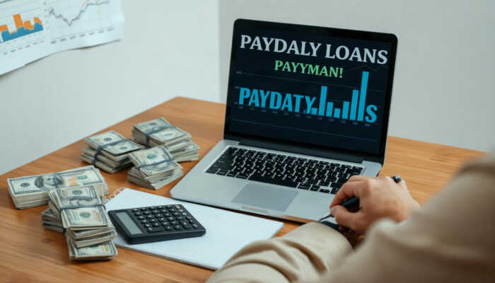 A person sits at a desk with stacks of cash, a calculator, a notepad, and a laptop displaying payday loan keywords and a bar graph. A chart is partially visible in the background.