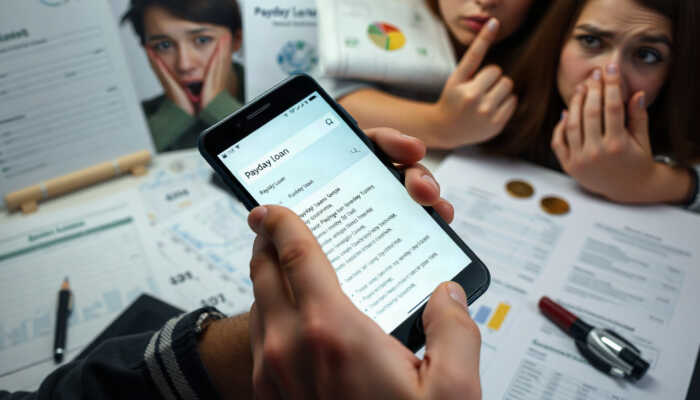 A person holding a smartphone showing payday loan search terms, set against a backdrop of worried expressions and financial paperwork, highlighting urgency in short-term loan decisions.