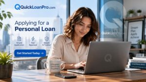 A woman works on a laptop in an office as an overlay promotes QuickLoanPro, highlighting a simple personal loan application, fast approval, and secure service for borrowing money.