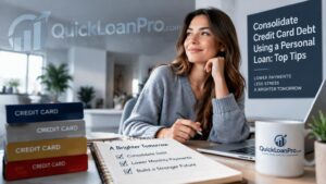 A woman sits at a desk next to a stack of credit card boxes and a notepad with a checklist, with text on screen explaining how to consolidate debt.