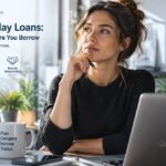 A woman sits at a desk with a laptop, a mug, and books, accompanied by the QuickLoanPro logo and tips on fintech payday loans.