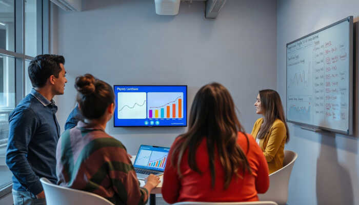 Four coworkers meet in an office to review fintech charts on a wall-mounted screen and a laptop.