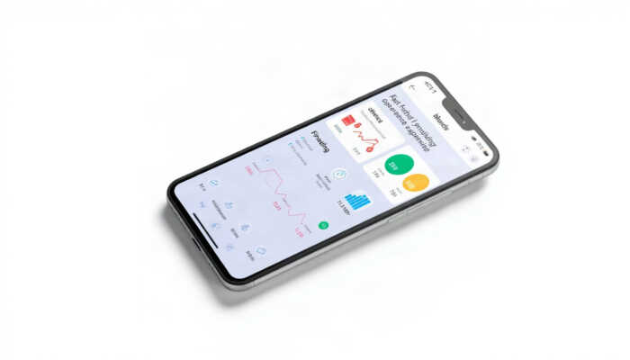 A smartphone showcasing a fintech app interface with fast funding alerts, financial graphs, and icons for groceries and bills, emphasizing user-friendly design and accessibility.