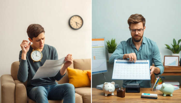 A split image contrasting a worried person holding a bill in a home setting with a clock indicating urgency, and a relaxed individual reviewing a budget plan at a table with positive symbols like a calendar and a piggy bank.