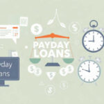 Graphic featuring the words “Payday Loans” on a scale and a computer screen, surrounded by clocks and currency symbols to illustrate the impact of a high payday loan interest rate.