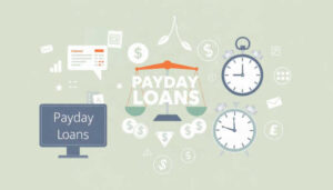 Graphic featuring the words “Payday Loans” on a scale and a computer screen, surrounded by clocks and currency symbols to illustrate the impact of a high payday loan interest rate.
