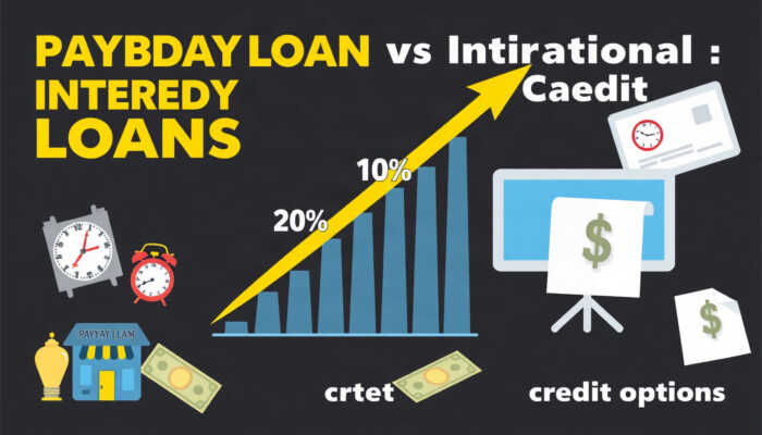 Infographic contrasting payday loan interest rates with traditional credit options, featuring a bold graph showing exaggerated percentages, symbols of money and clocks, and visuals of a payday loan storefront and a credit card on a dark background.