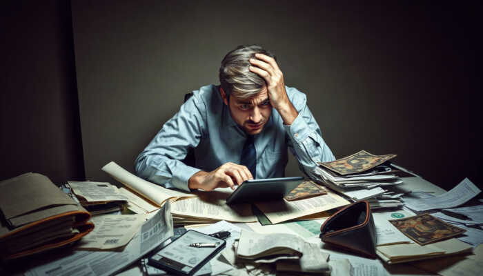 A stressed individual surrounded by bills and loan notices, looking worried at a cluttered table with a calculator and an empty wallet, symbolizing financial burdens.