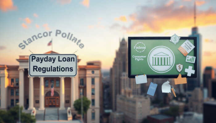 A split image showing a state government building with payday loan regulations and a federal agency office focused on consumer protection, set against a blurred cityscape background.