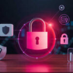 A glowing red padlock icon surrounded by digital security and data analysis symbols on a wooden desk, representing secure payday loan processing.