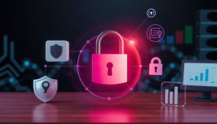 A glowing red padlock icon surrounded by digital security and data analysis symbols on a wooden desk, representing secure payday loan processing.