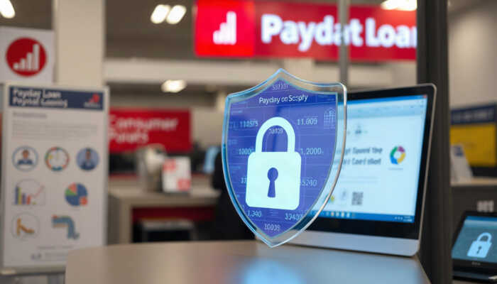 A digital security shield protecting sensitive personal information like Social Security numbers and bank details in a payday loan transaction scene.