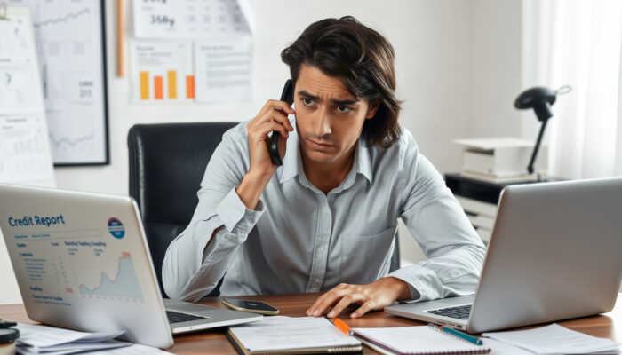 A concerned individual urgently making a phone call at a desk filled with financial documents, a laptop showing a bank account, and notes about potential fraud.
