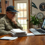 A person in a camouflage shirt and a baseball cap sits at a wooden table looking at a laptop computer next to a stack of papers while researching payday loans for veterans.