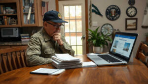 A person in a camouflage shirt and a baseball cap sits at a wooden table looking at a laptop computer next to a stack of papers while researching payday loans for veterans.
