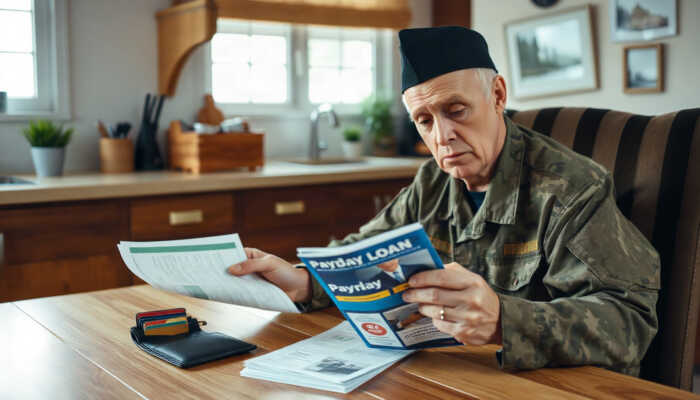 A concerned veteran in military fatigues examines bills and a payday loan brochure at a kitchen table, with an open wallet showing limited cash and credit cards, conveying a sense of urgency.