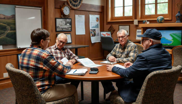 Veterans discussing financial options at a community center, surrounded by charts and calculators, highlighting support and camaraderie.