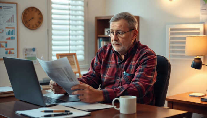 A concerned veteran reviewing financial documents at a desk with a laptop and coffee cup, reflecting on payday loan options and financial assistance.